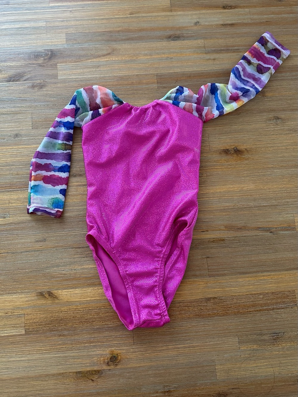 Girls Pink Sparkle Leotard with Rainbow Sleeves